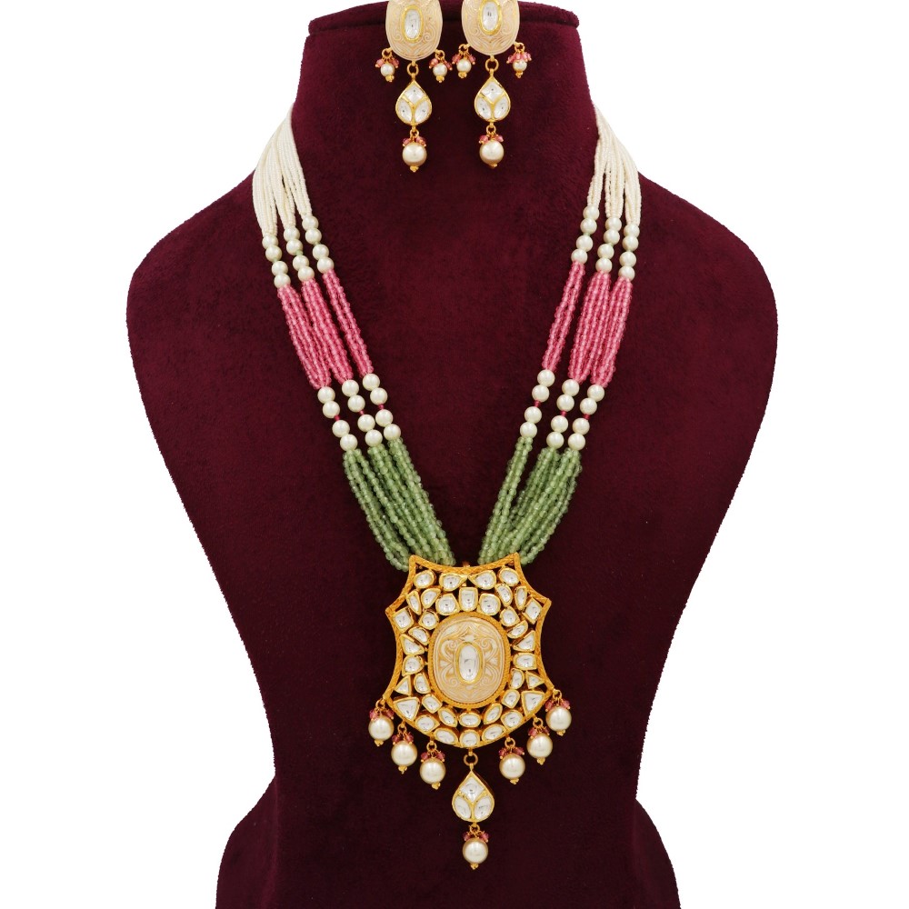 916 Gold Attractive Floral Colourful Moti Necklace Set AJNS118