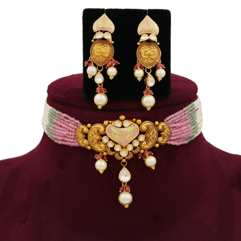 916 Gold Stunning Colourful Moti Necklace Set AJNS115