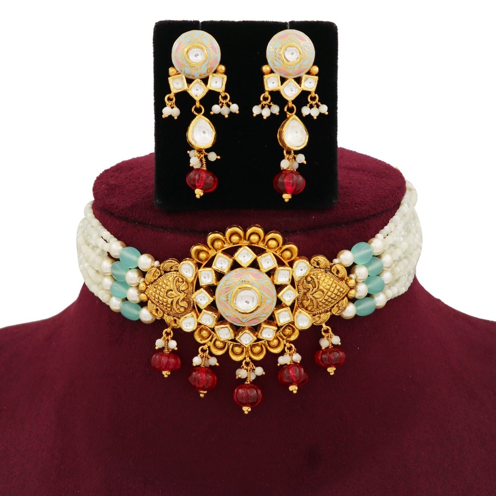 916 Gold Elite Colourful Moti Necklace Set AJNS114