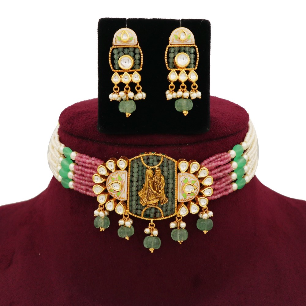 916 Gold Elegant Colourful Moti Necklace Set AJNS113