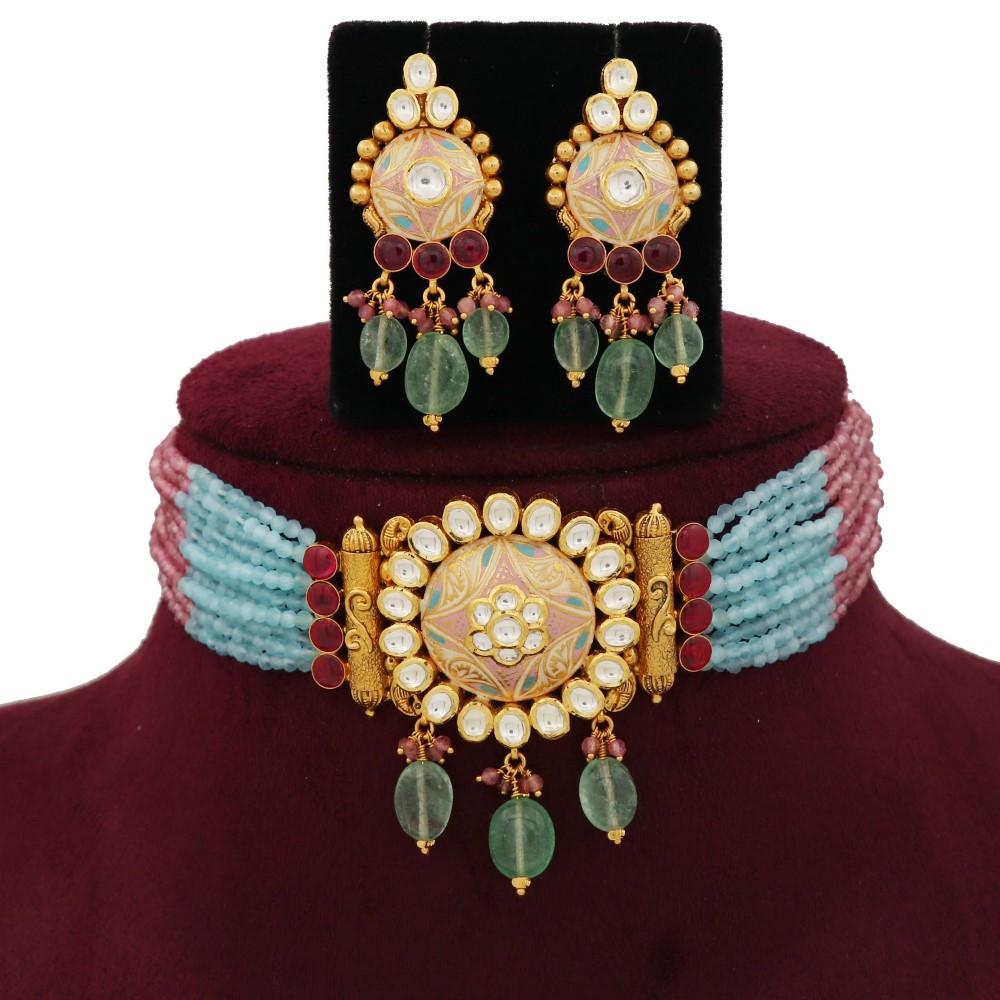 916 Gold Antique Colourful Moti Necklace Set AJNS112
