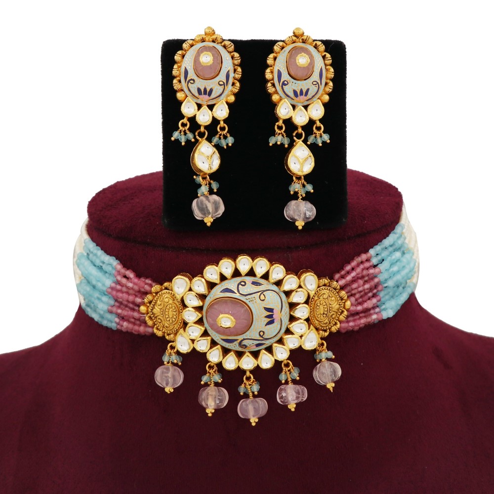 916 Gold Cocktail Colourful Moti Necklace Set AJNS111