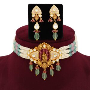 916 Gold Glam Colourful Moti Necklace Set AJNS110