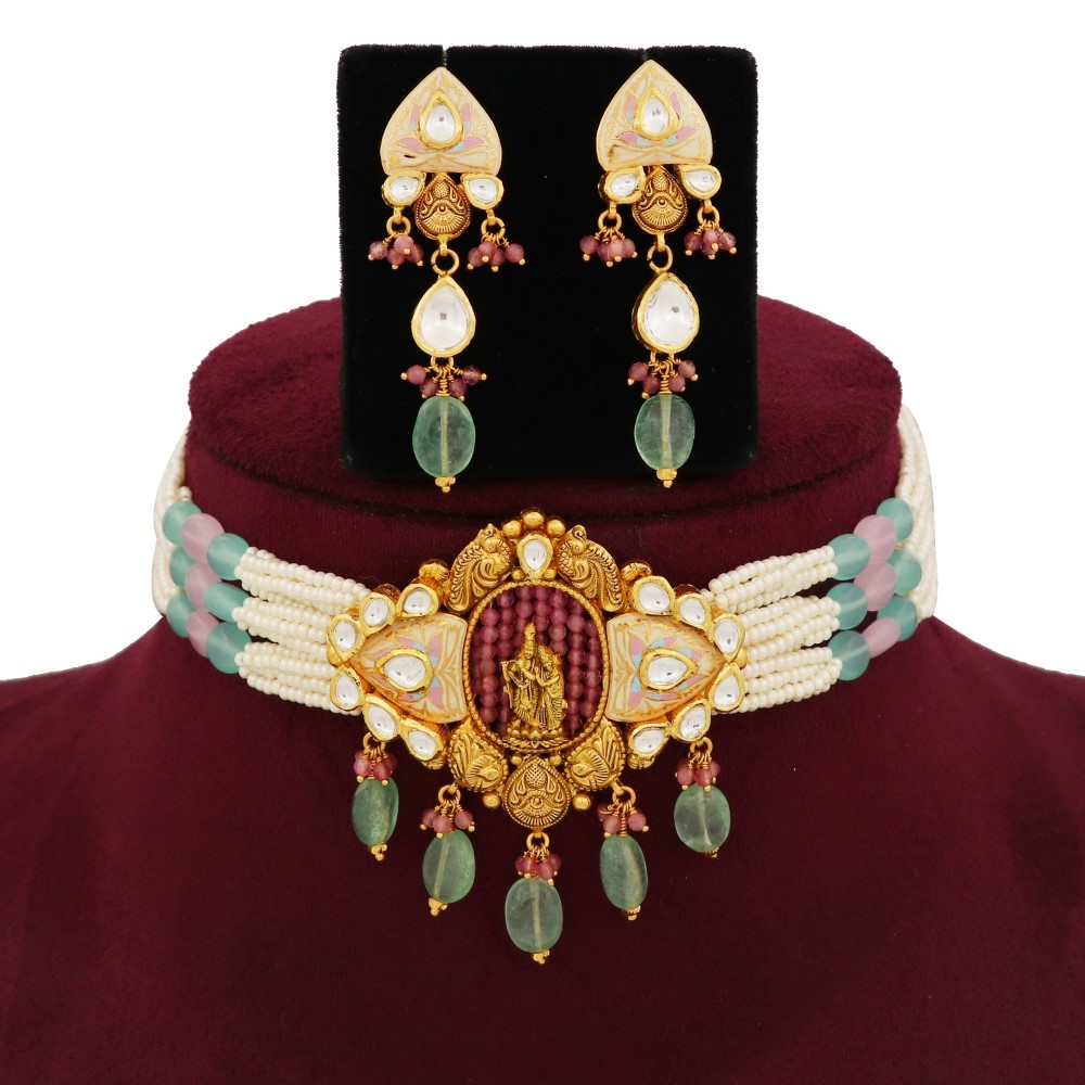 916 Gold Glam Colourful Moti Necklace Set AJNS110