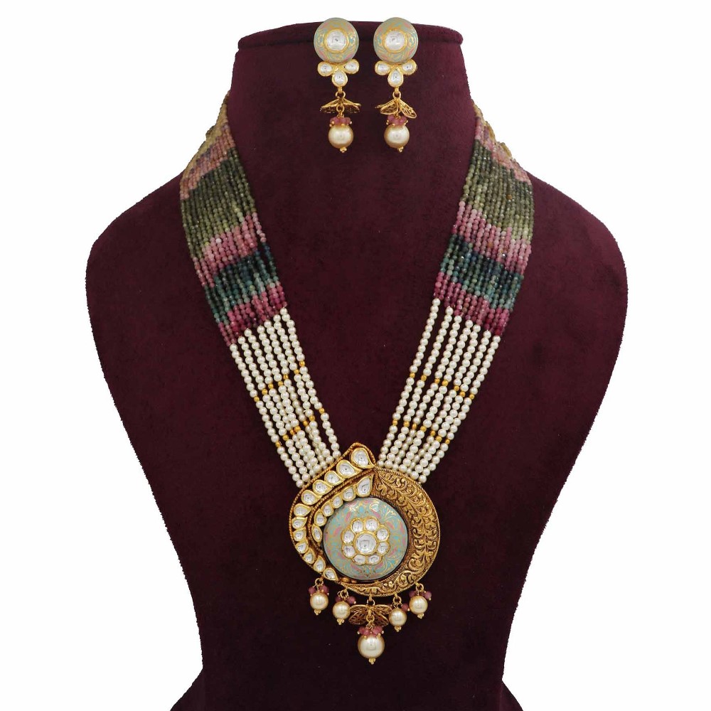 916 Gold Shining Colourful Moti Necklace Set AJNS105