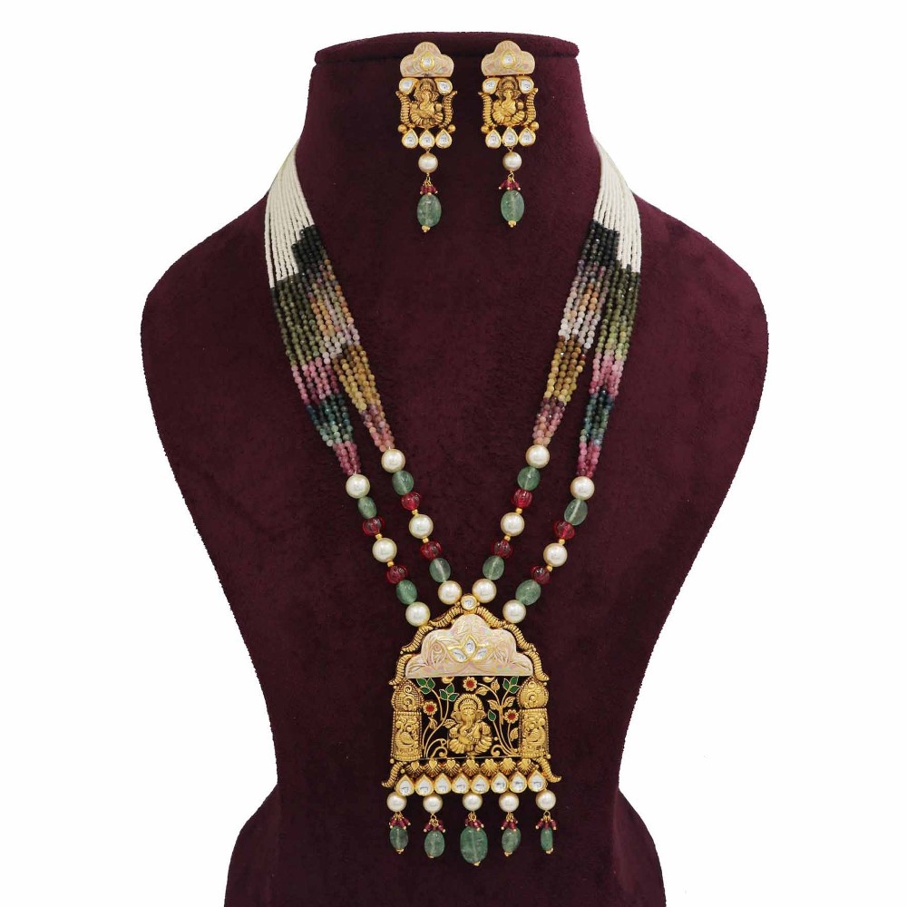 916 Gold Blossom Colourful Moti Necklace Set AJNS103