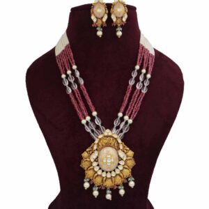 916 Gold Attractive Bow cut-out Colourful Moti Necklace Set AJNS101