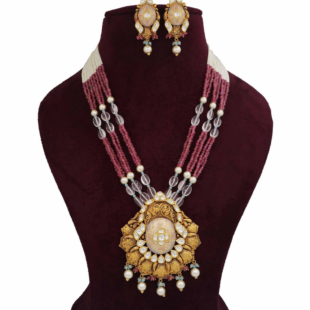 916 Gold Attractive Bow cut-out Colourful Moti Necklace Set AJNS101
