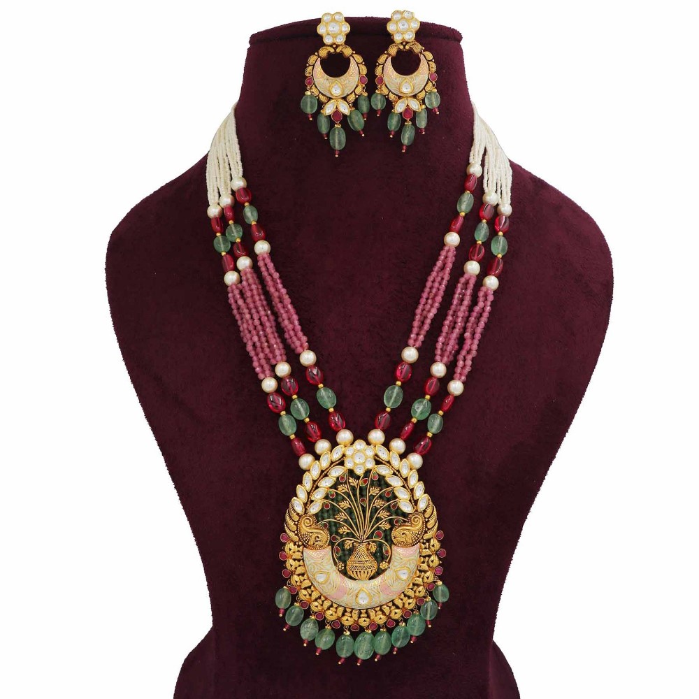 916 Gold Simple Colourful Moti Necklace Set AJNS100
