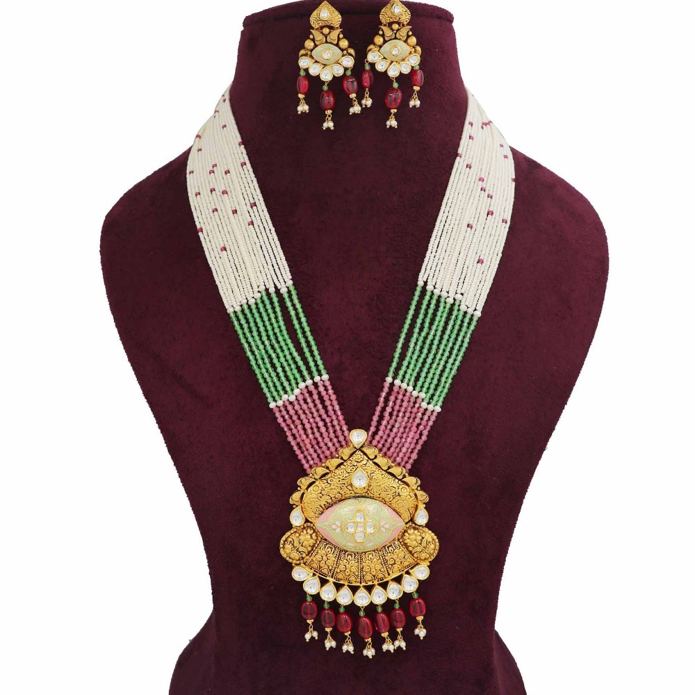 916 Gold Loopy Bends Colourful Moti Necklace Set AJNS99