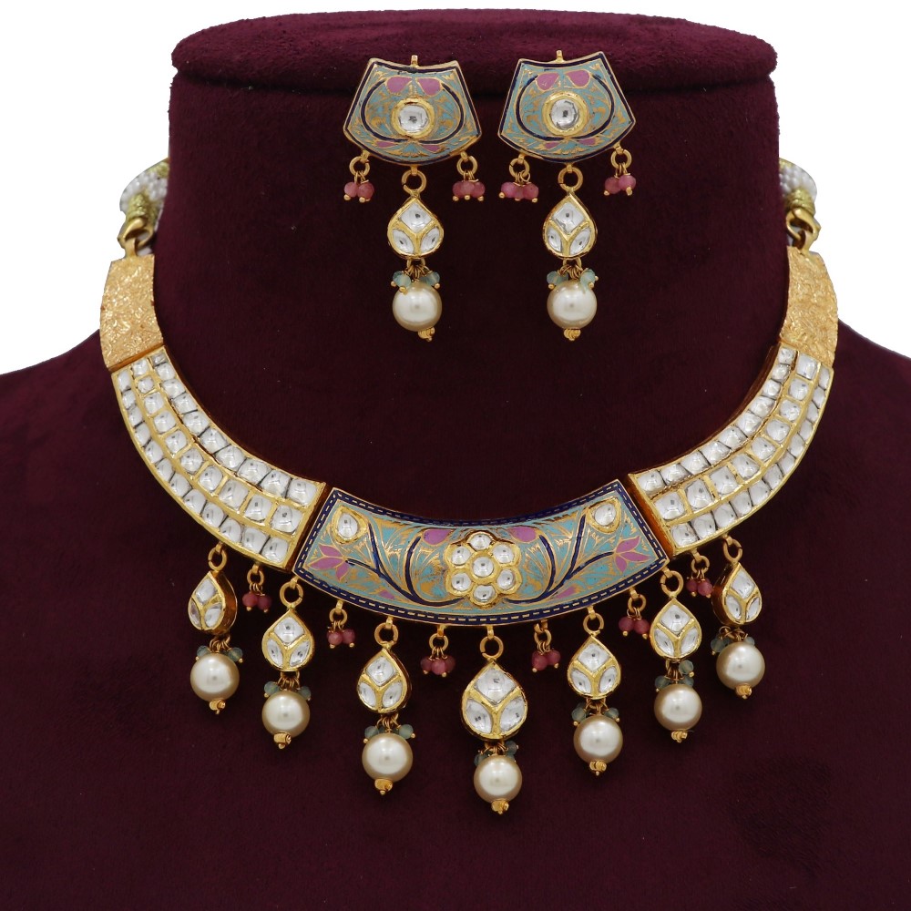 916 Gold Floral Colourful Moti Necklace Set AJNS97