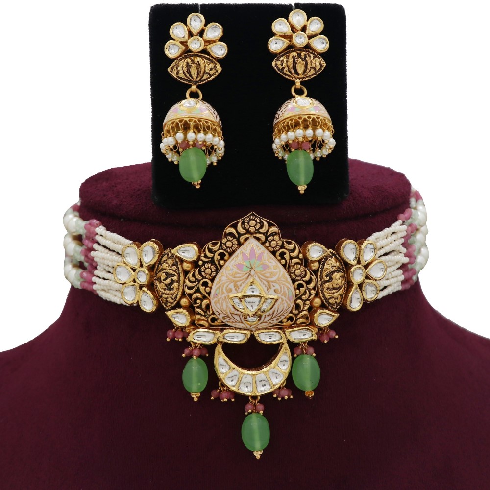 916 Gold Sparkling Colourful Moti Necklace Set AJNS96