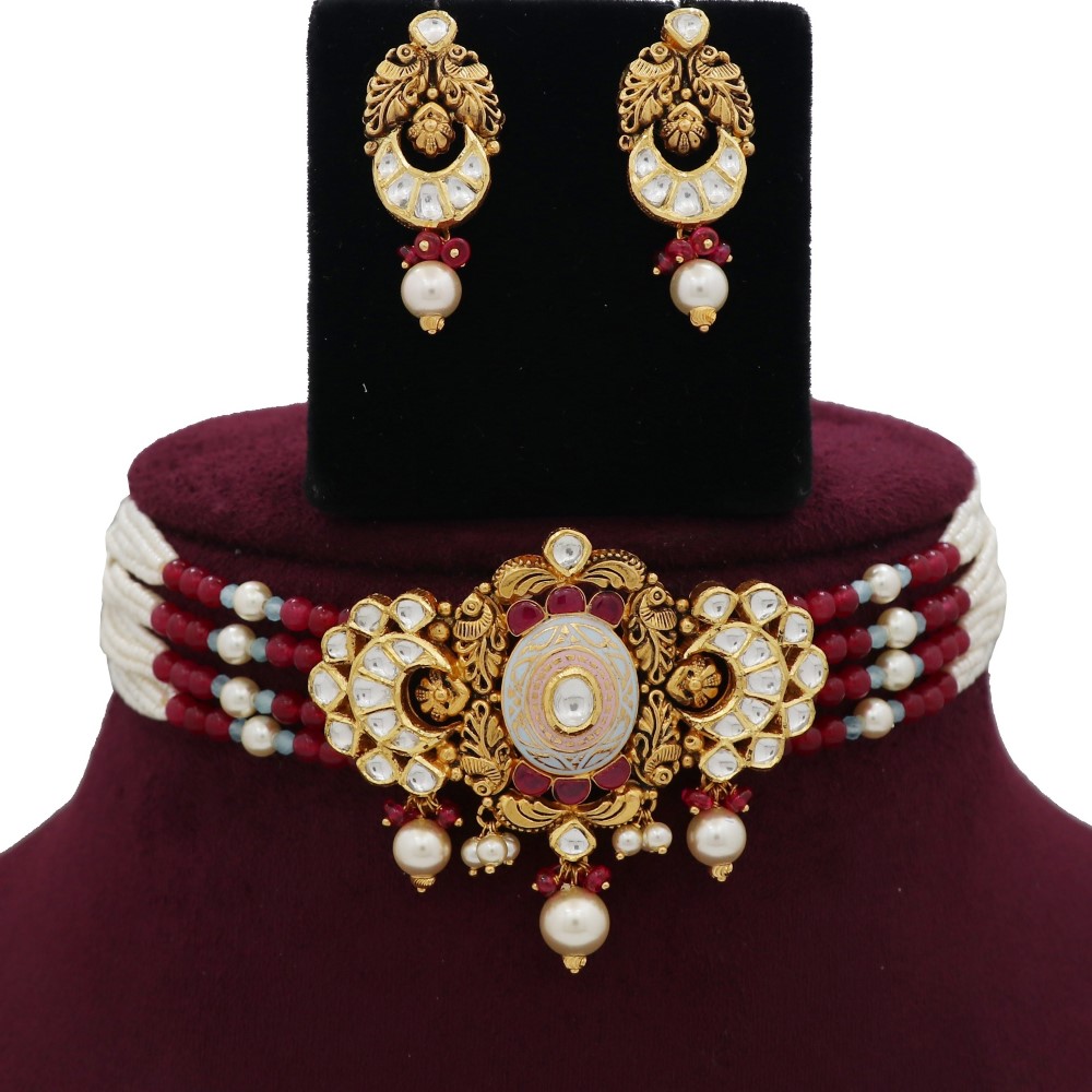 916 Gold Stylish Colourful Moti Necklace Set AJNS94