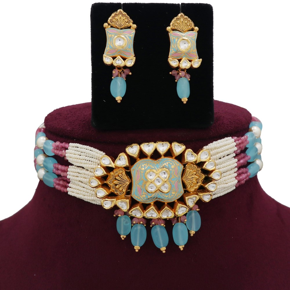 916 Gold Unique Colourful Moti Necklace Set AJNS93