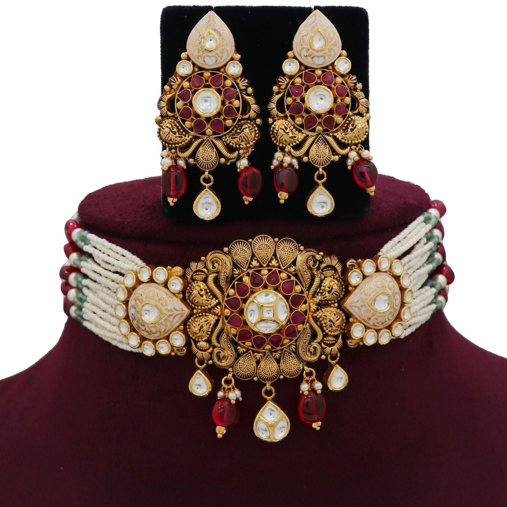 916 Gold Pretty Colourful Moti Necklace Set AJNS92