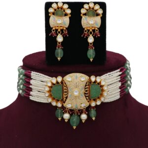 916 Gold Beautiful Colourful Moti Necklace Set AJNS91
