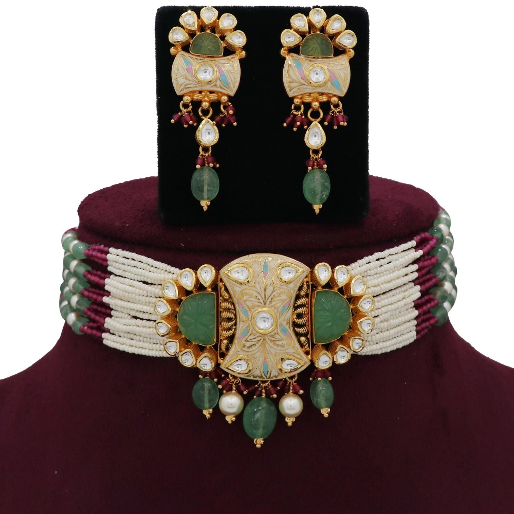 916 Gold Beautiful Colourful Moti Necklace Set AJNS91