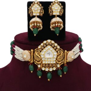 916 Gold Attractive Floral Colourful Moti Necklace Set AJNS90