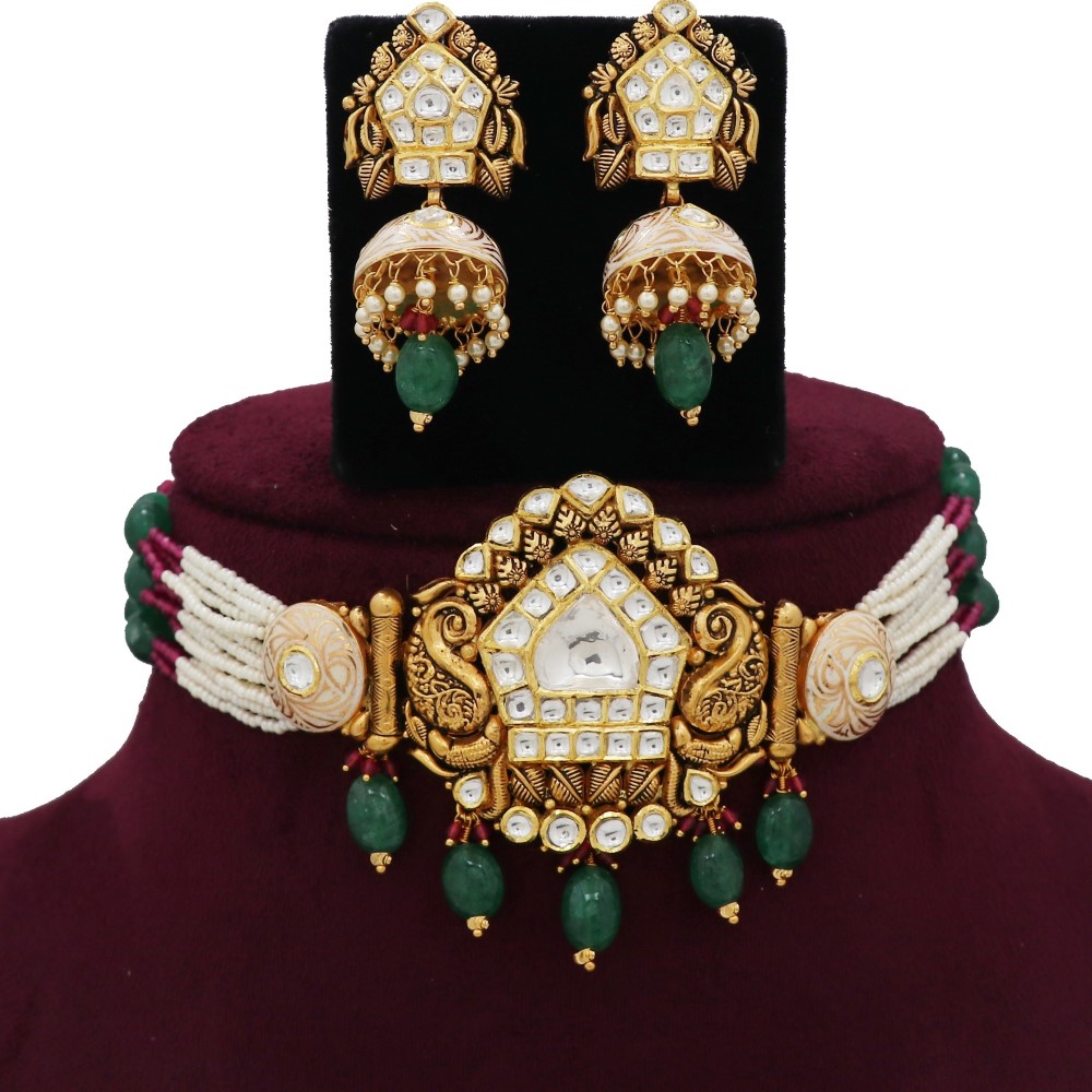 916 Gold Attractive Floral Colourful Moti Necklace Set AJNS90