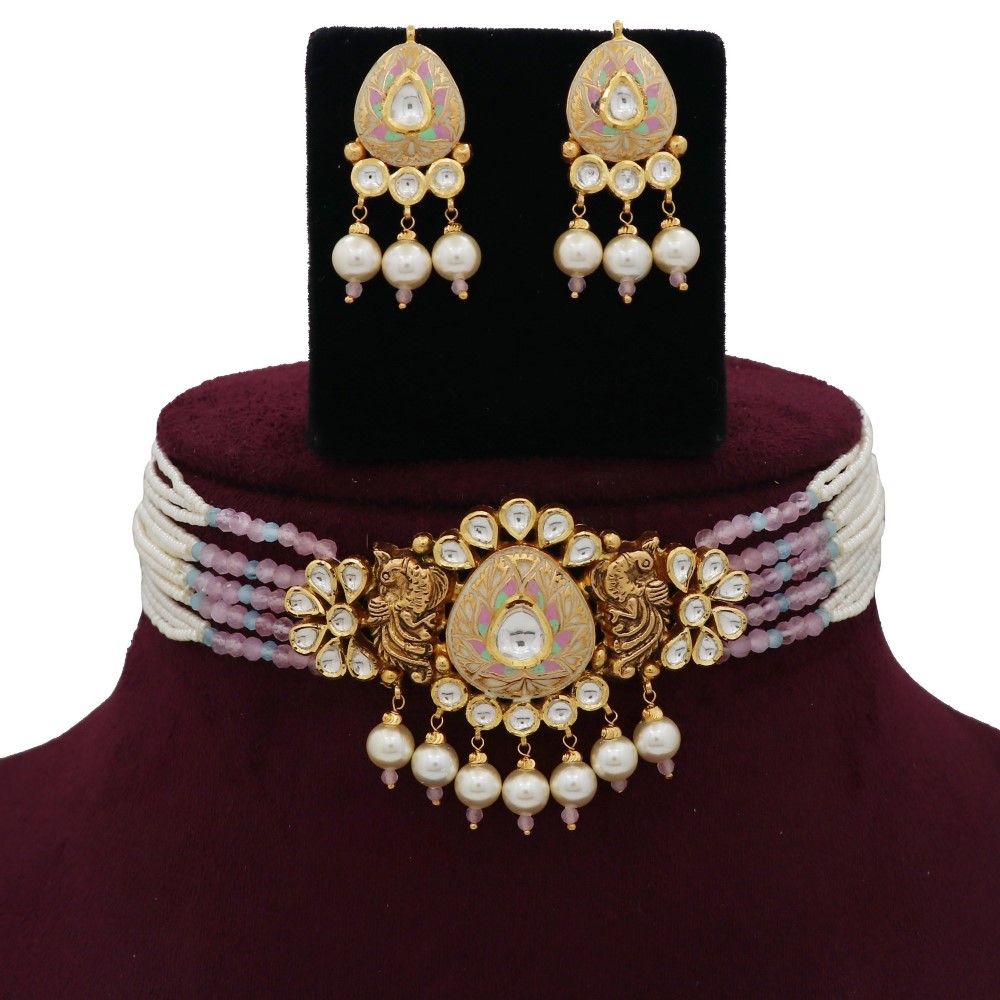 916 Gold Dazzling Colourful Moti Necklace Set AJNS89