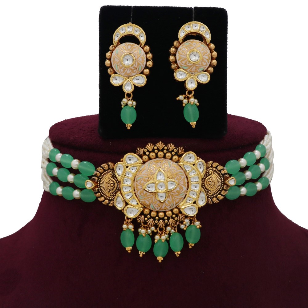 916 Gold Stunning Colourful Moti Necklace Set AJNS87