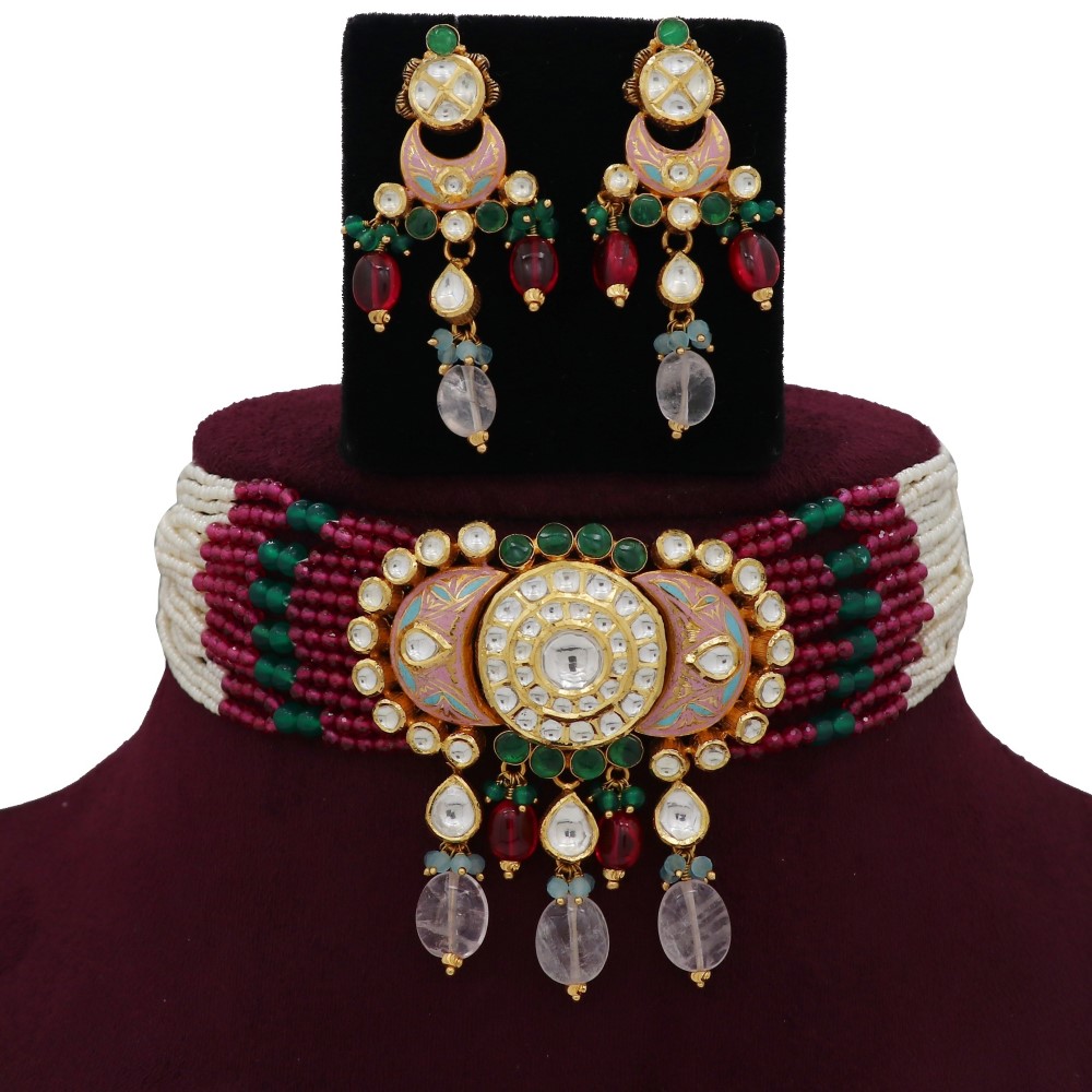 916 Gold Elite Colourful Moti Necklace Set AJNS86