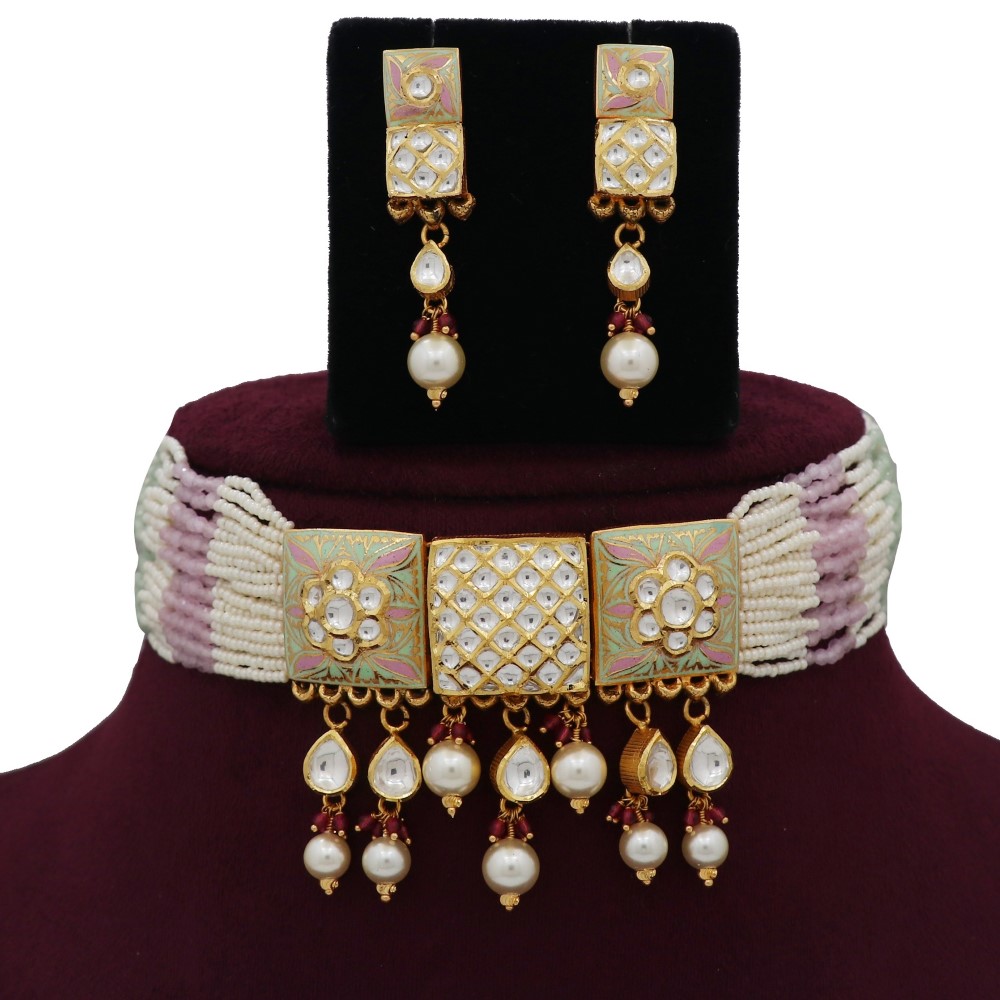 916 Gold Elegant Colourful Moti Necklace Set AJNS85