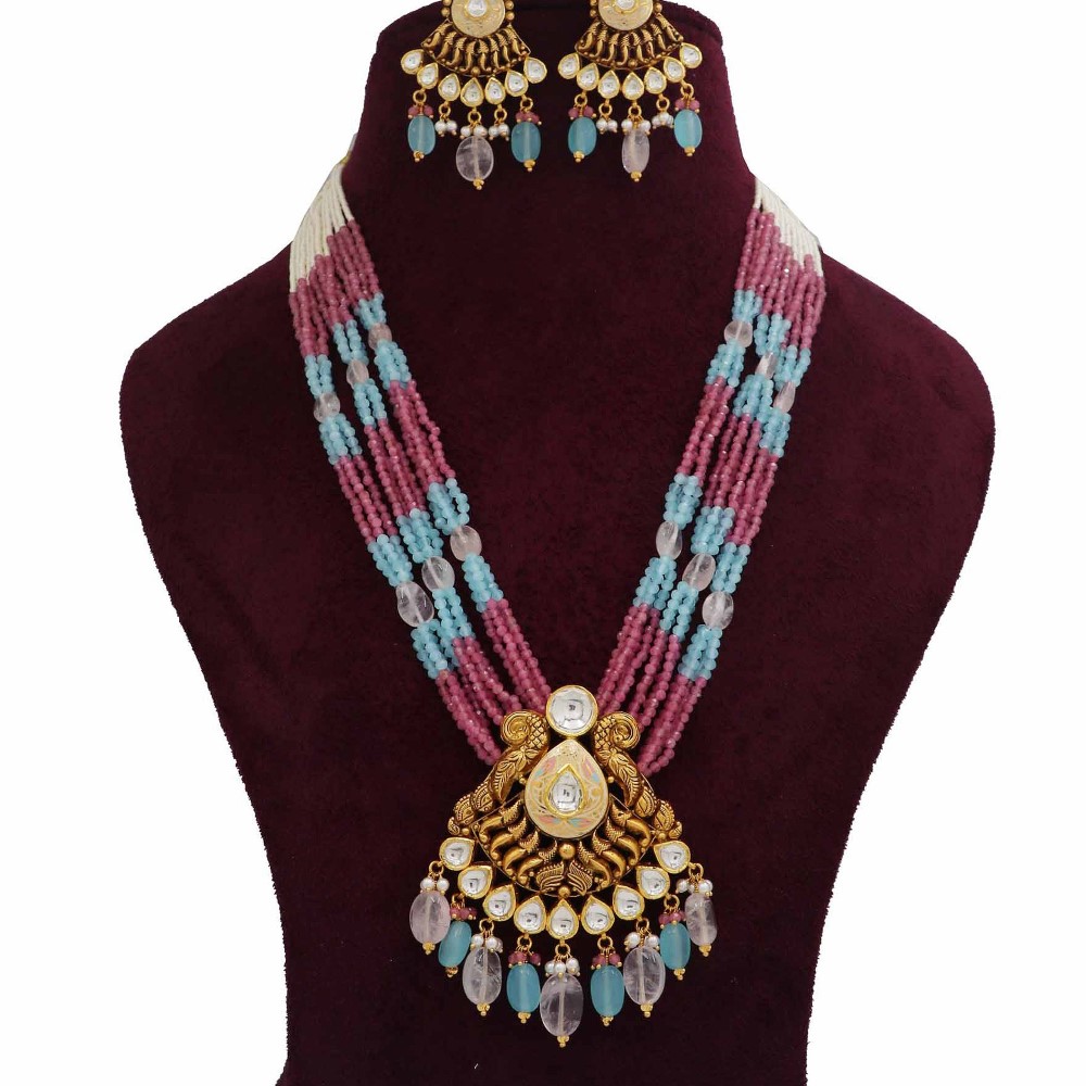 Colourful Pearl Attractive Bow cut-out Colourful Moti Necklace Set AJNS73
