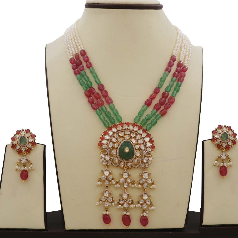 Colourful Pearl Antique Gold Studded Necklace Set AJNS56