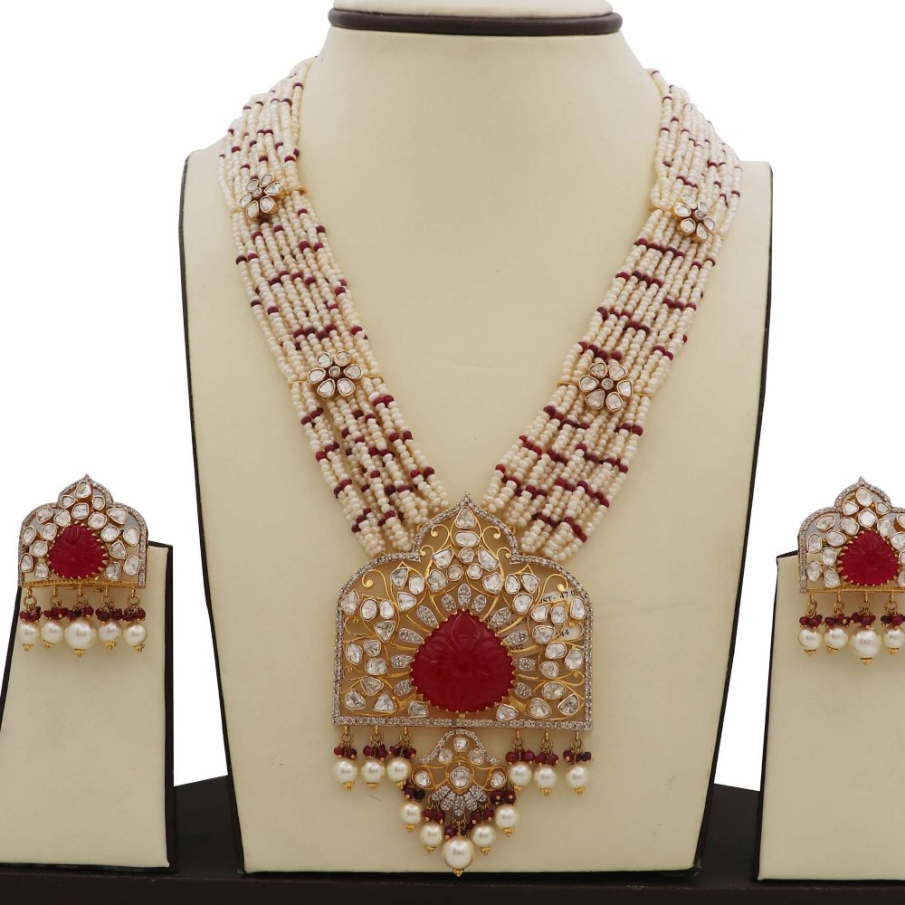 Colourful Pearl Cocktail Gold Studded Necklace Set AJNS55