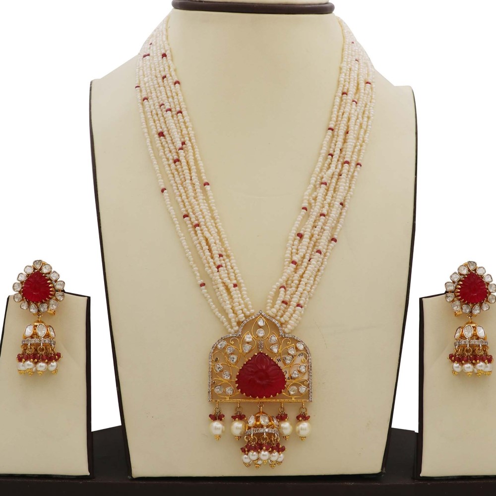 Colourful Pearl Glam Gold Studded Necklace Set AJNS54