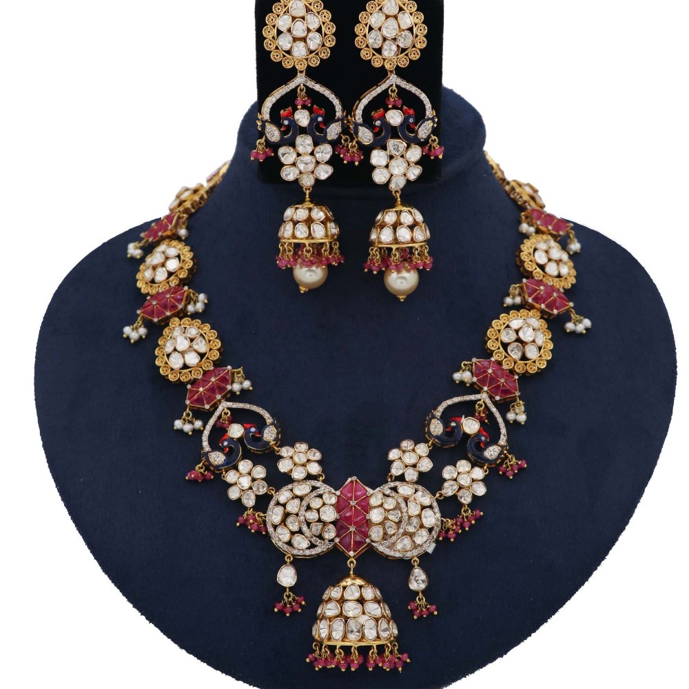 Colourful Pearl Shining Gold Studded Necklace Set AJNS49