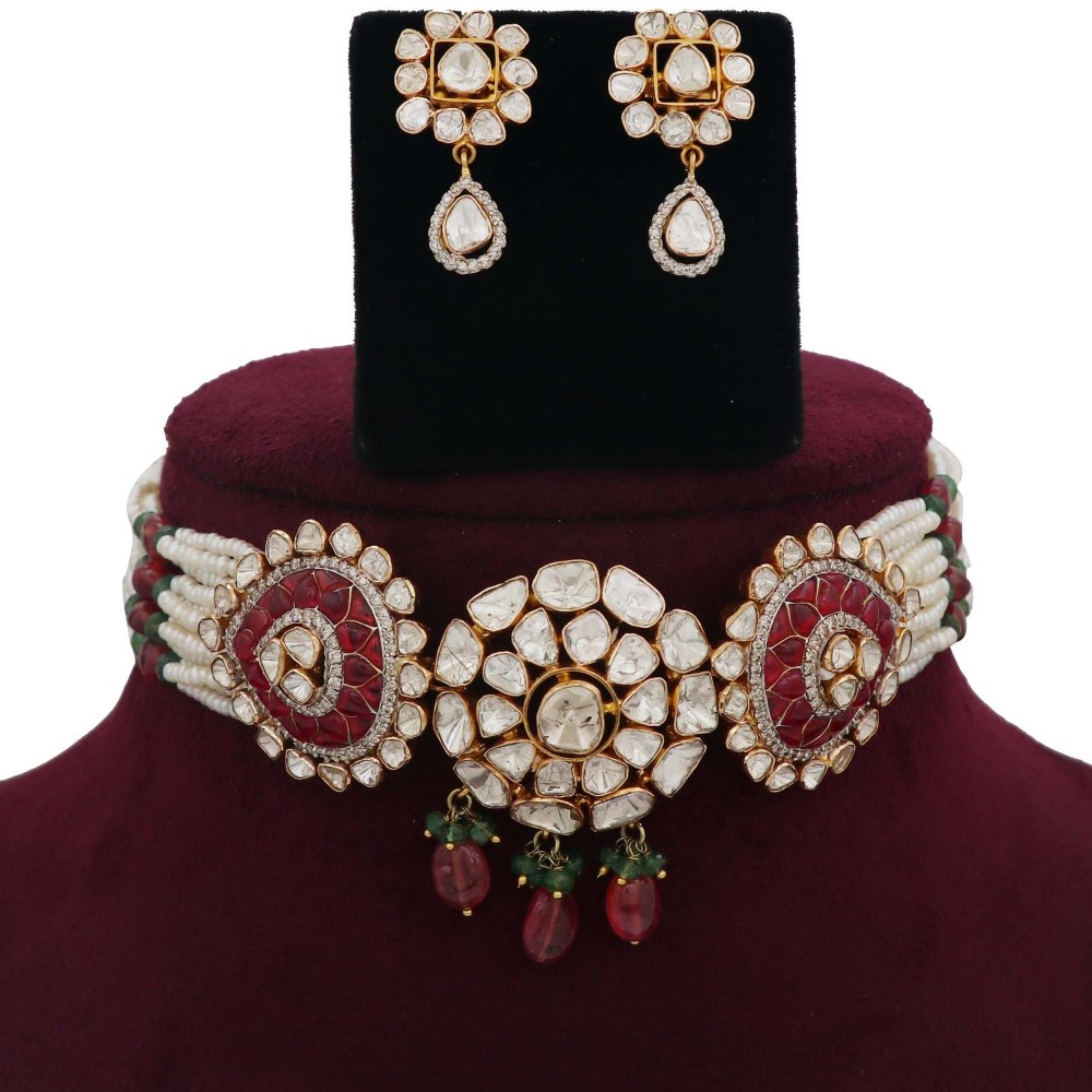 Colourful Pearl Blooming Gold Studded Necklace Set AJNS48