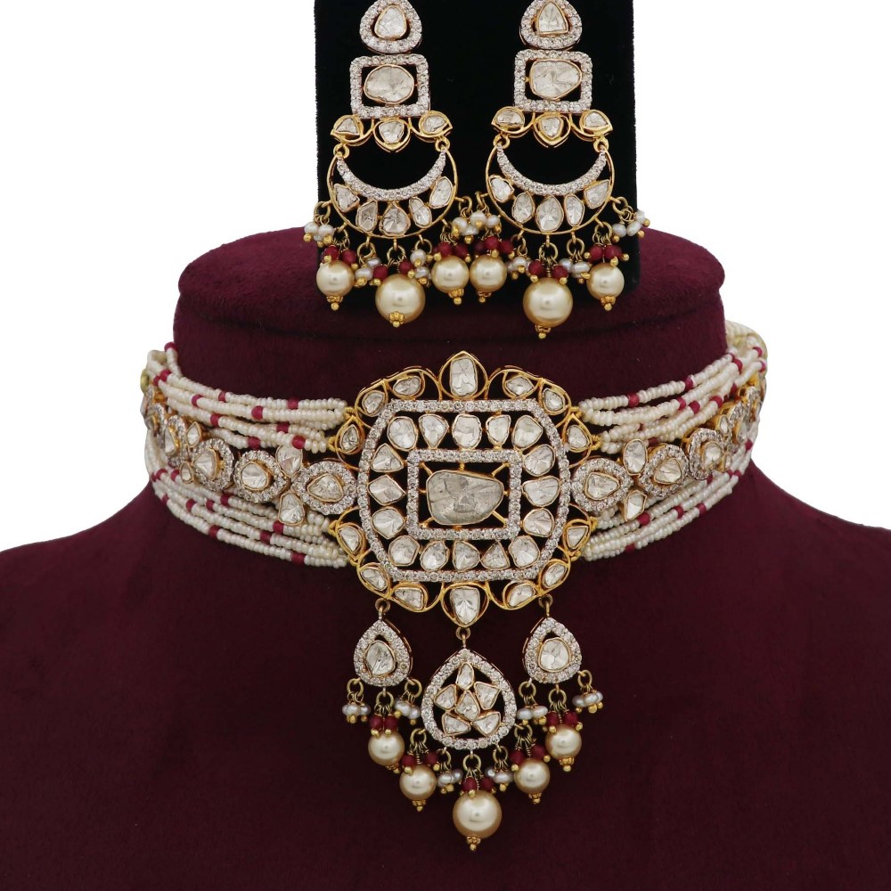 Colourful Pearl Blossom Gold Studded Necklace Set AJNS47