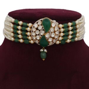 Colourful Pearl Attractive Bow cut-out Gold Studded Necklace Set AJNS45