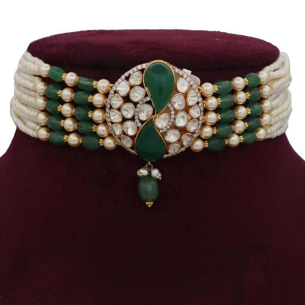 Colourful Pearl Attractive Bow cut-out Gold Studded Necklace Set AJNS45