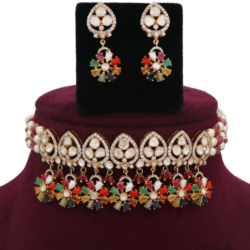 Colourful Pearl Simple Gold Studded Necklace Set AJNS44