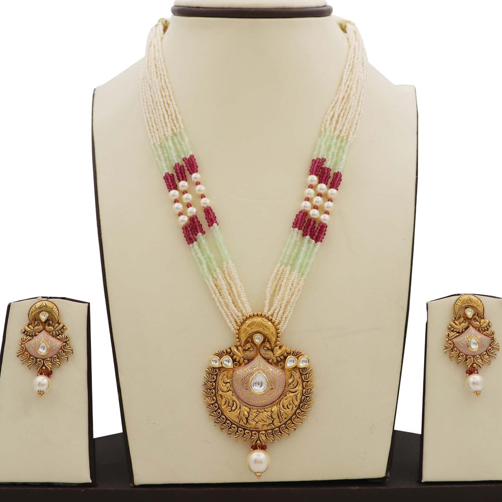 Colourful Pearl Floral Gold Studded Necklace Set AJNS41