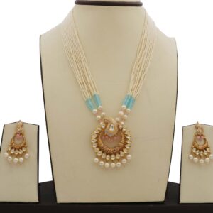 Colourful Pearl Sparkling Gold Studded Necklace Set AJNS40