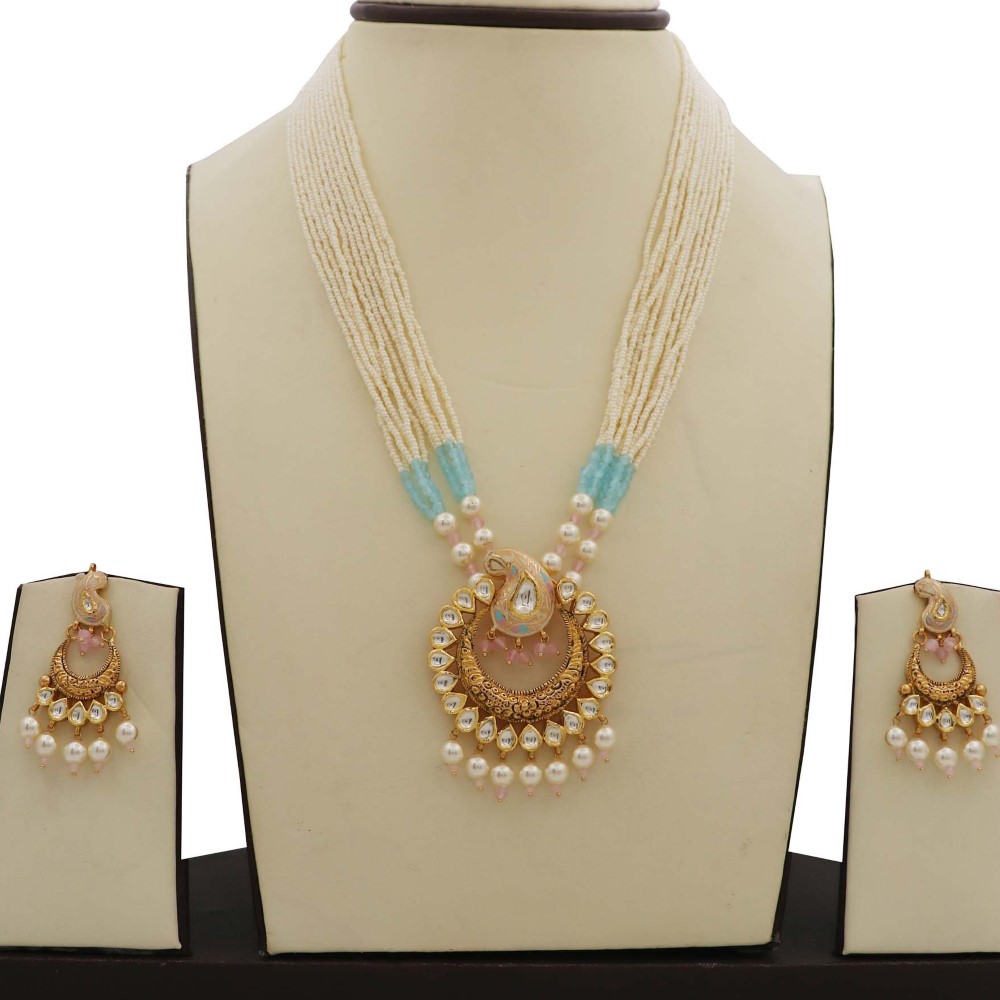 Colourful Pearl Sparkling Gold Studded Necklace Set AJNS40