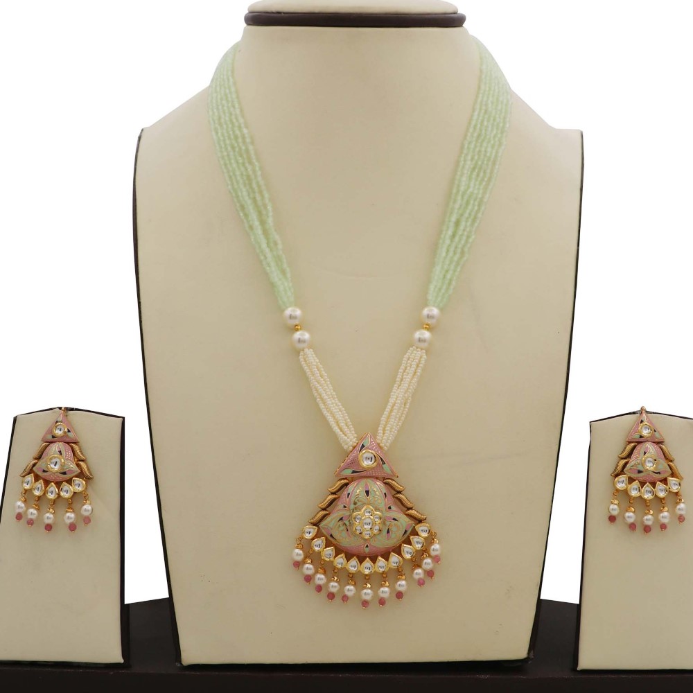 Colourful Pearl Classy Gold Studded Necklace Set AJNS39