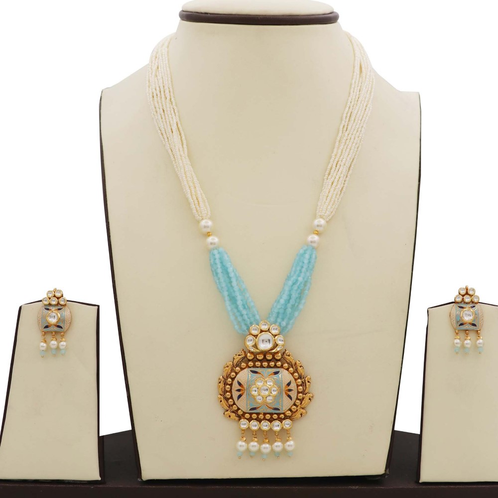Colourful Pearl Stylish Gold Studded Necklace Set AJNS38