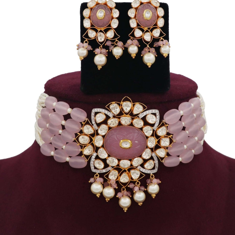 Colourful Pearl Attractive Floral Gold Studded Necklace Set AJNS34