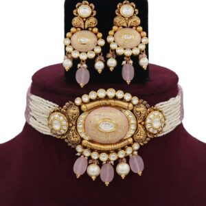 Colourful Pearl Dazzling Gold Studded Necklace Set AJNS33