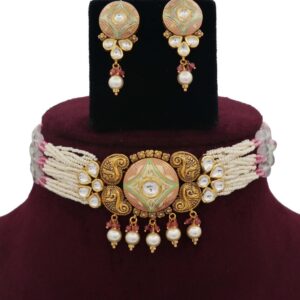 Colourful Pearl Delite Gold Studded Necklace Set AJNS32