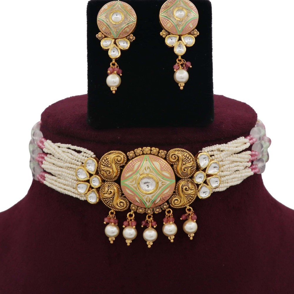 Colourful Pearl Delite Gold Studded Necklace Set AJNS32