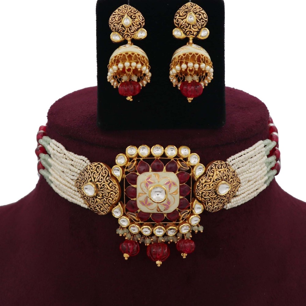 Colourful Pearl Stunning Gold Studded Necklace Set AJNS31