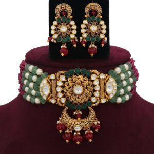 Colourful Pearl Elite Gold Studded Necklace Set AJNS30