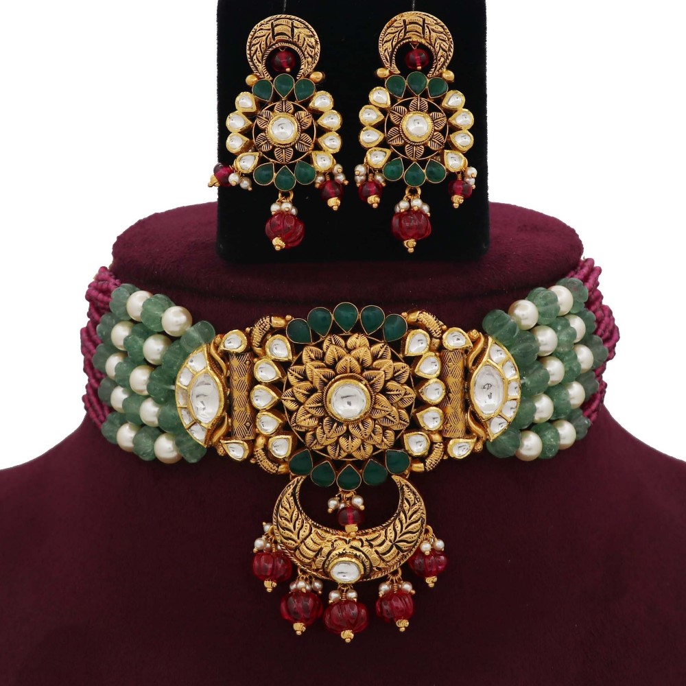 Colourful Pearl Elite Gold Studded Necklace Set AJNS30
