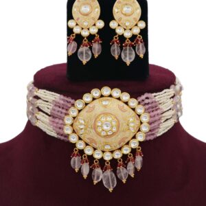Colourful Pearl Elegant Gold Studded Necklace Set AJNS29